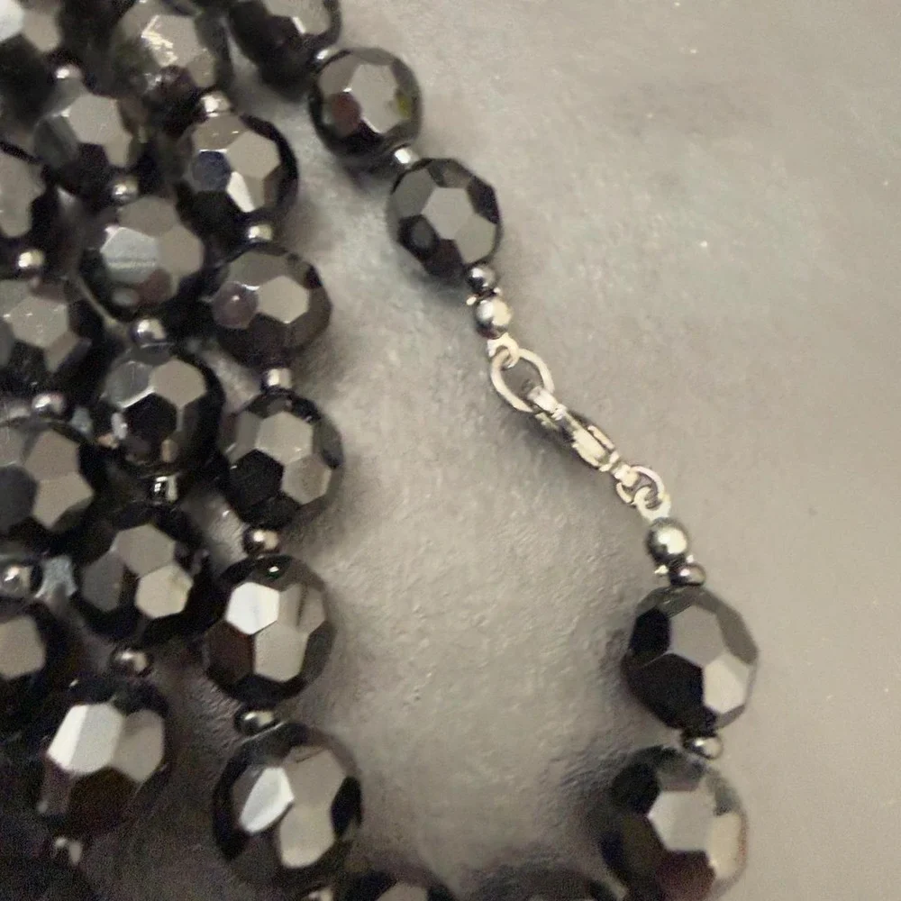 Faceted Black Beaded Necklace Crystal Long Strand Silver Tone Victorian Goth